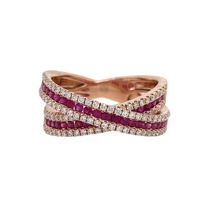 18kt Rose Gold Diamond and Ruby Criss-cross Ring
