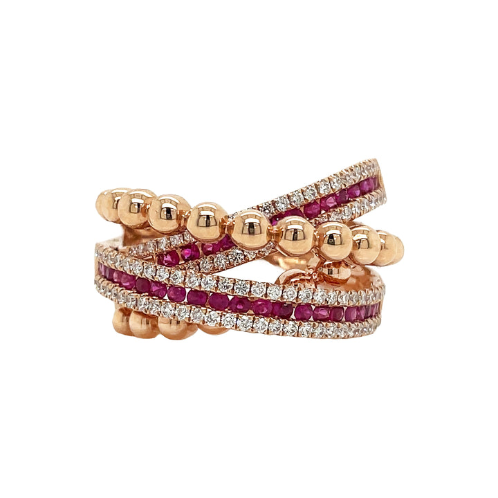18kt Rose Gold Diamond and Ruby Criss-cross Ring