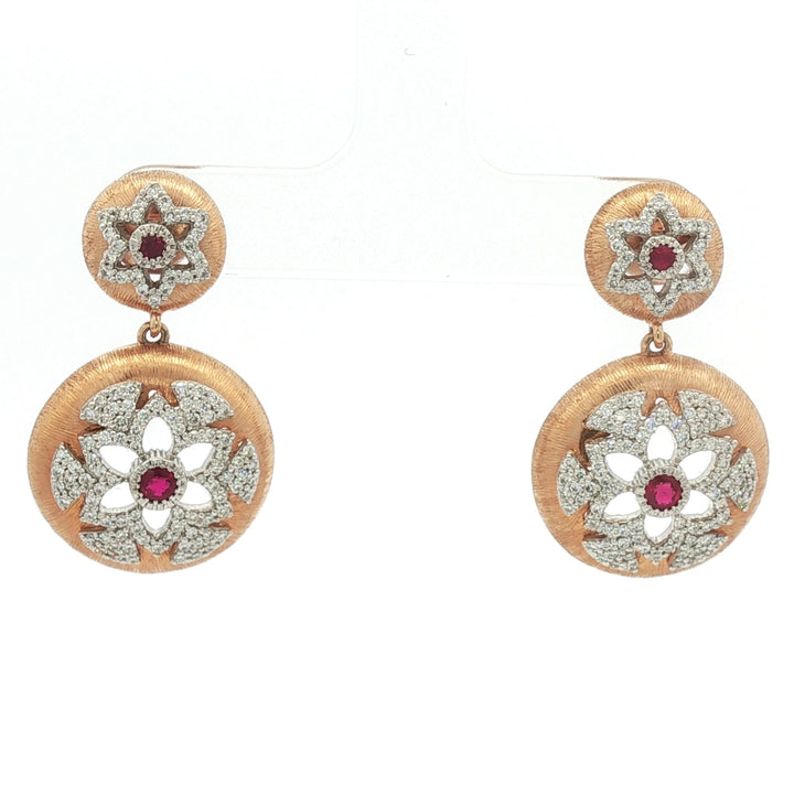 18kt Rose And White Gold Diamond And Ruby Dangling Earrings