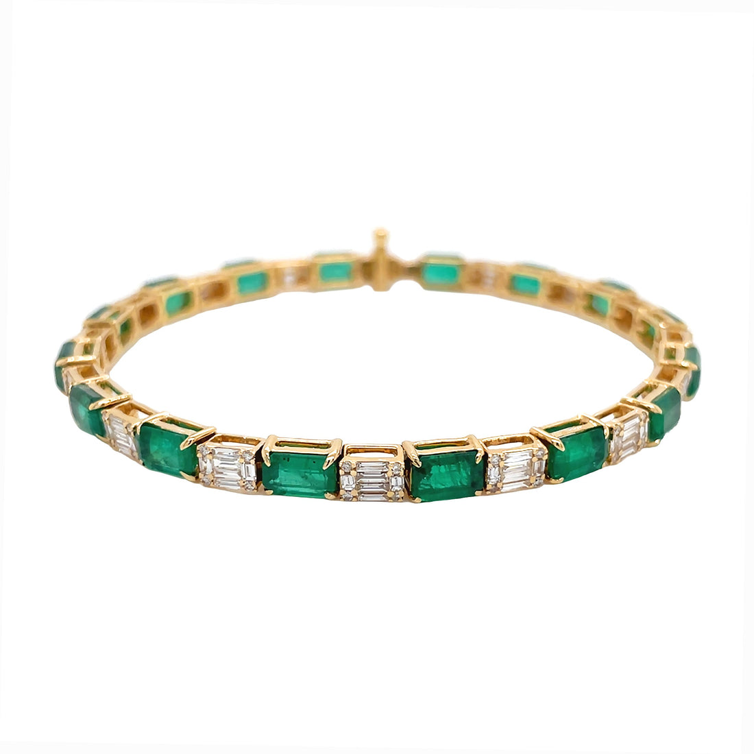 18kt Yellow Gold Diamond and Green Emerald Tennis Bracelet