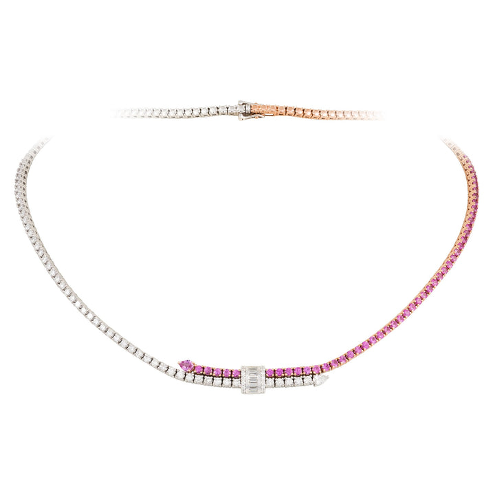 18kt White and Rose Gold Diamond and Pink Sapphire Tennis Necklace