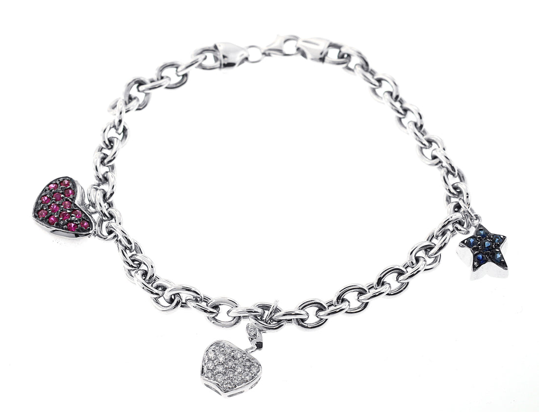 14kt White Gold Sapphire Charm Rolo Link Bracelet