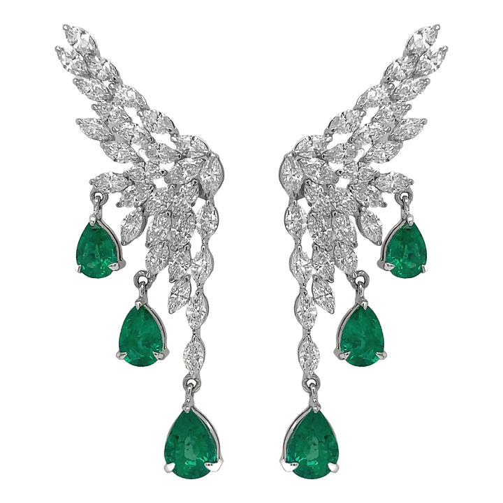 18kt White Gold Diamond and Green Emerald Dangling Earrings
