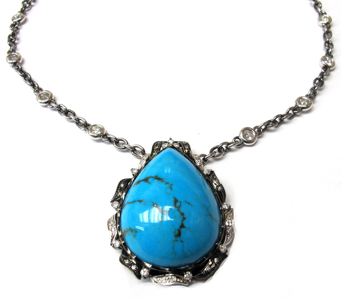 18kt Black Gold and Platinum Turquoise Diamond Necklace