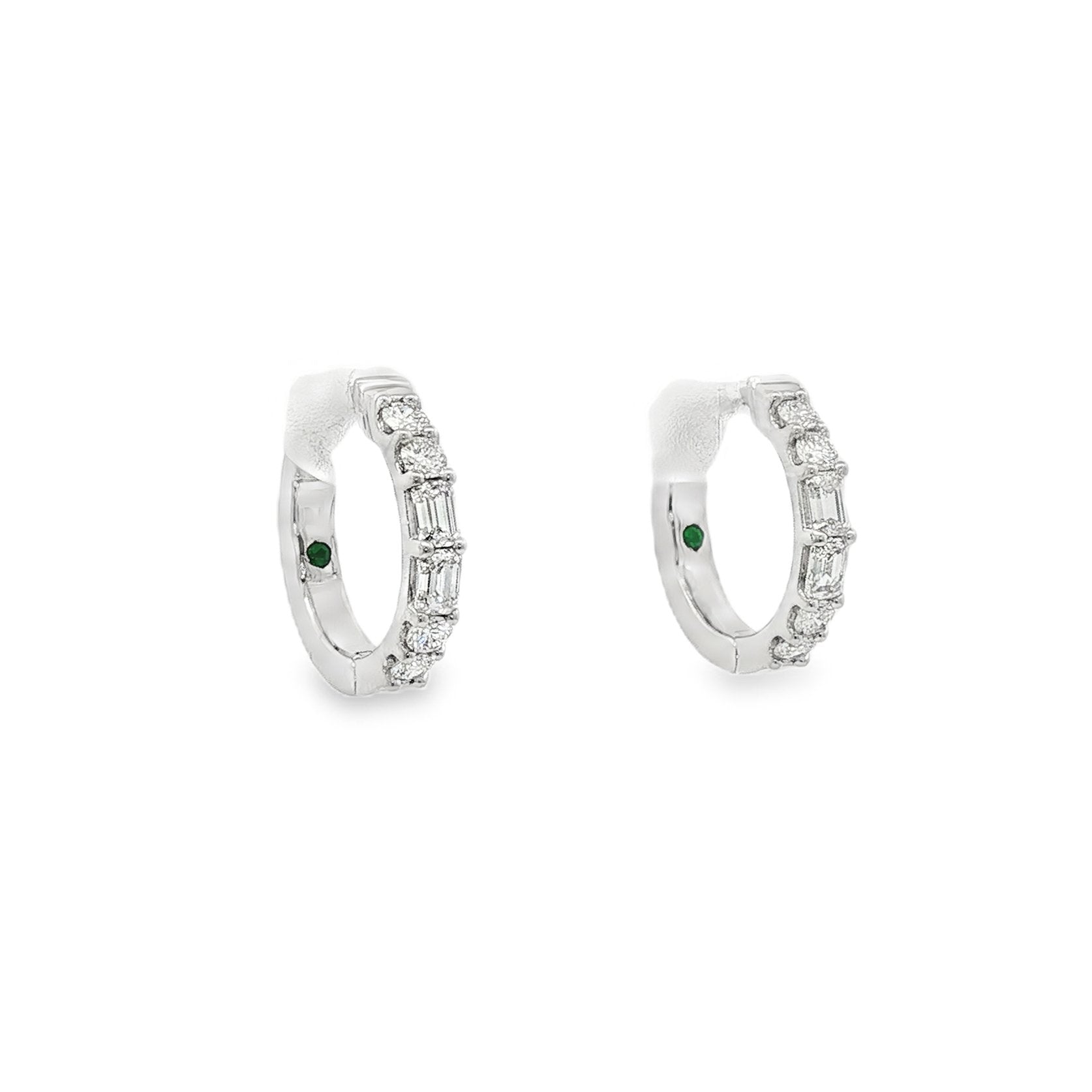 14kt White Gold Diamond And Green Emerald Huggie Earring