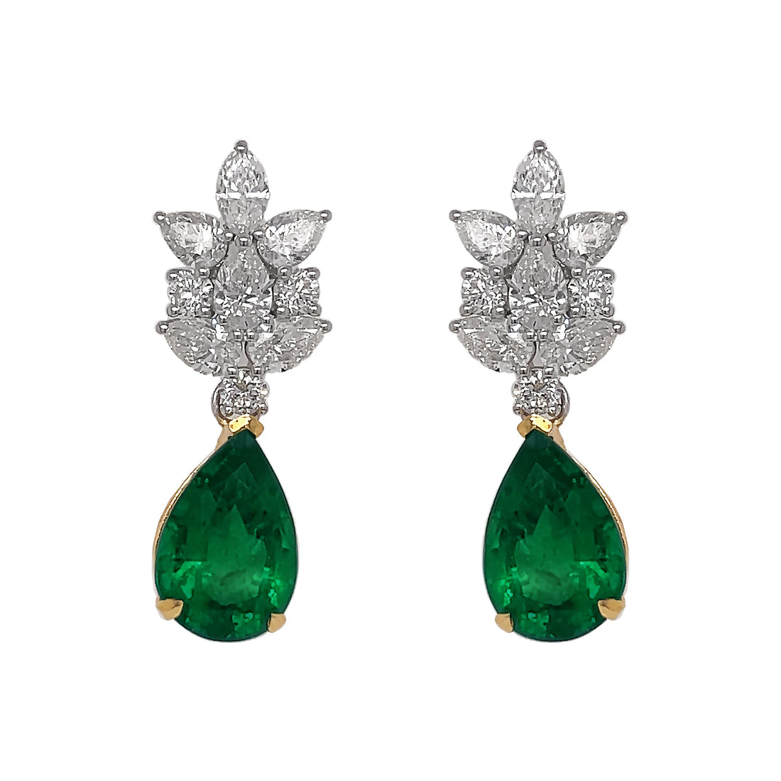 18kt White Gold Diamond and Green Emerald Earrings.
