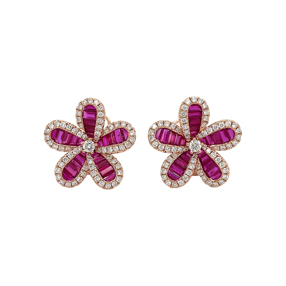 18kt Rose Gold Diamond and Ruby Flower Earrings