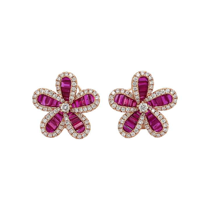 18kt Rose Gold Diamond and Ruby Flower Earrings