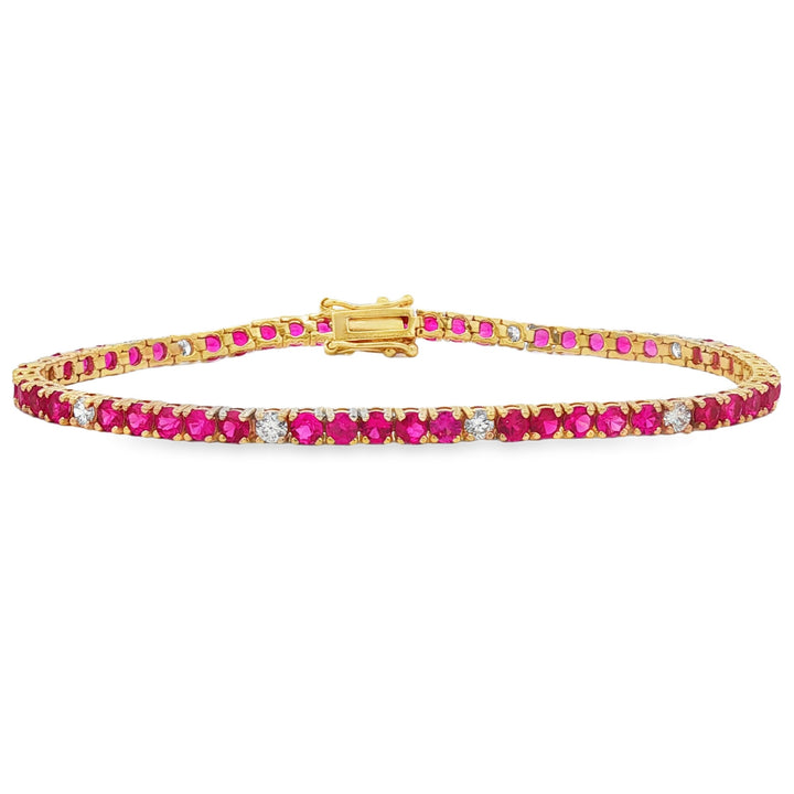14kt Yellow Gold Diamond And Pink Sapphire Tennis Bracelet