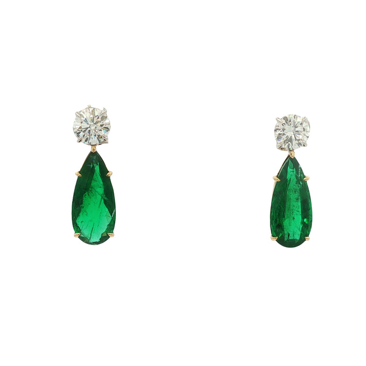 18kt White And Yellow Gold GIA Certified Diamond And Green Emerald Earrings