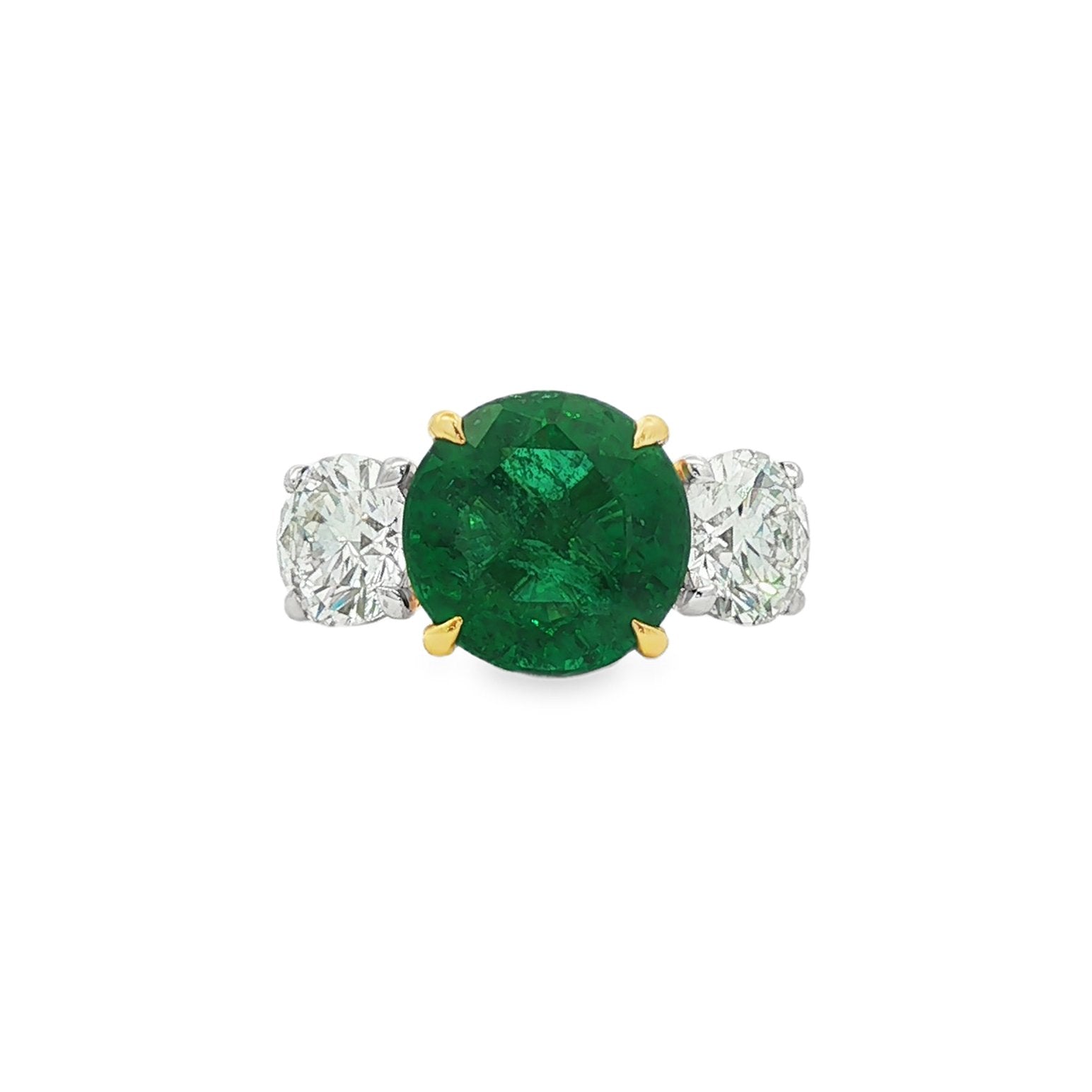 18kt White And Yellow Gold GIA Certified Diamond And GIA Certified Green Emerald Ring