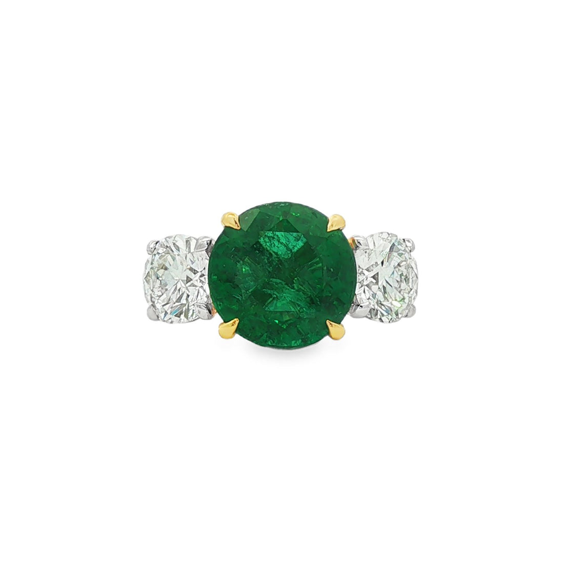 18kt White And Yellow Gold GIA Certified Diamond And GIA Certified Green Emerald Ring