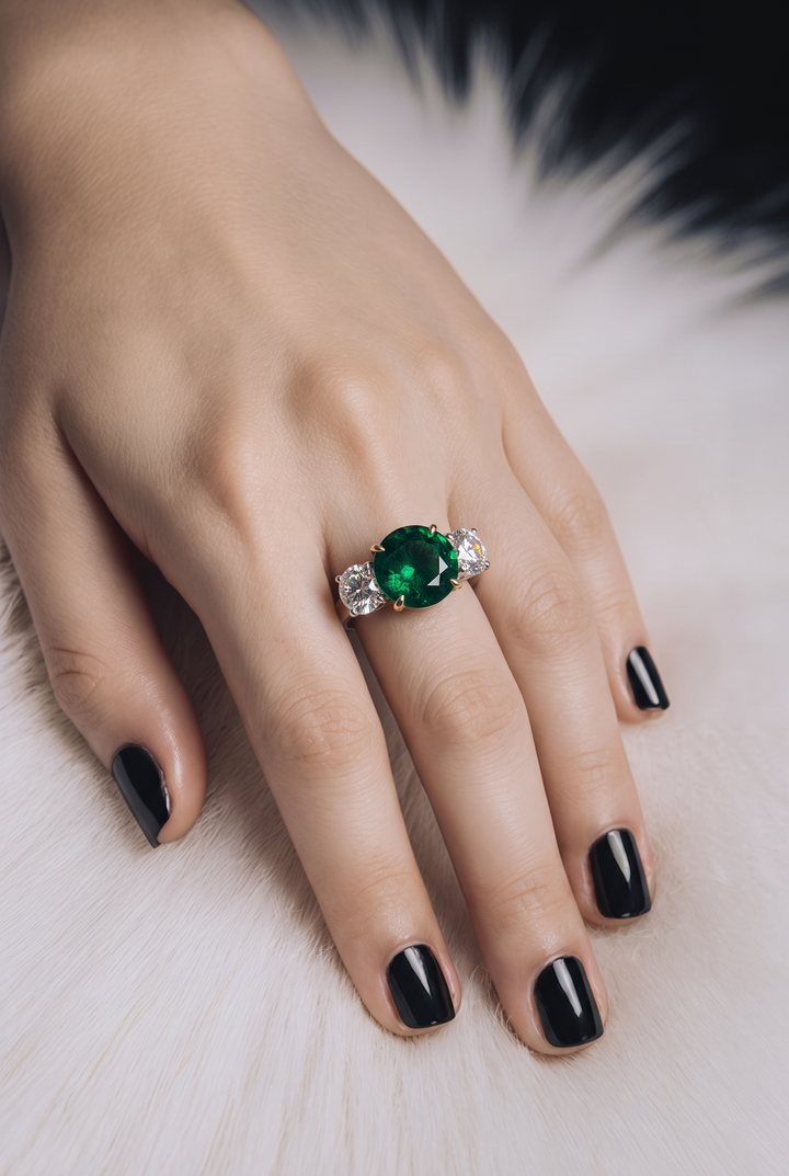 18kt White And Yellow Gold GIA Certified Diamond And GIA Certified Green Emerald Ring