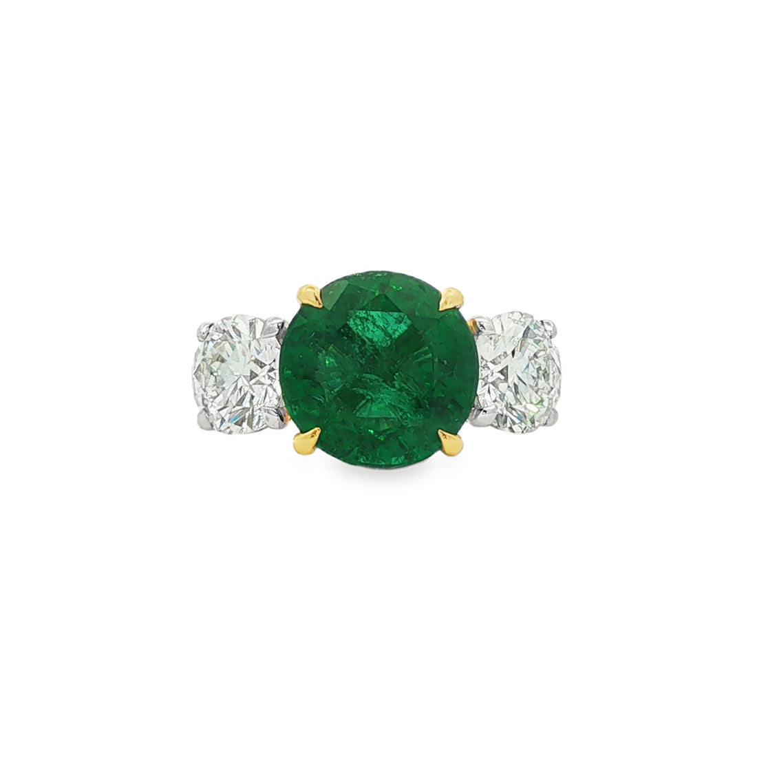18kt White And Yellow Gold GIA Certified Diamond And GIA Certified Green Emerald Ring