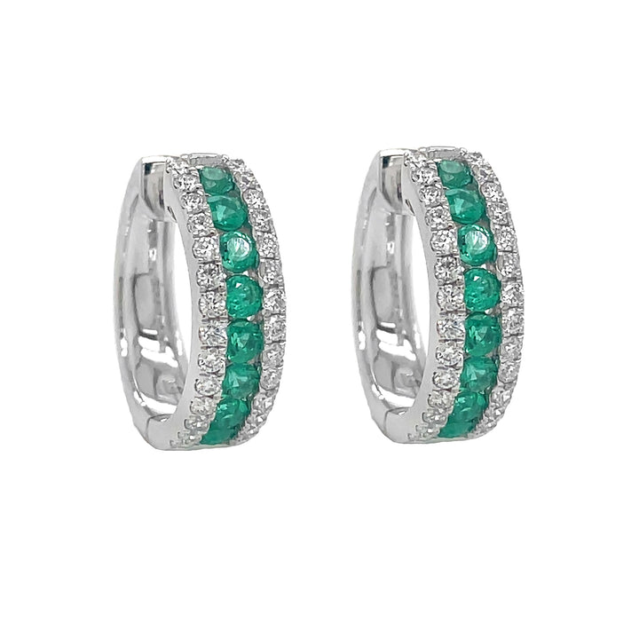 18kt White Gold Diamond and Green Emerald Huggie Earrings