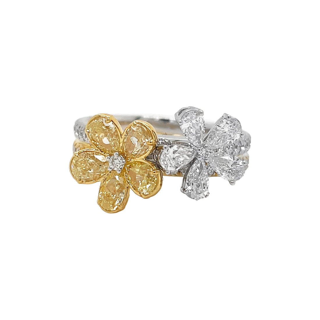 18kt White and Yellow Gold Diamond and Yellow Diamond Flower Ring
