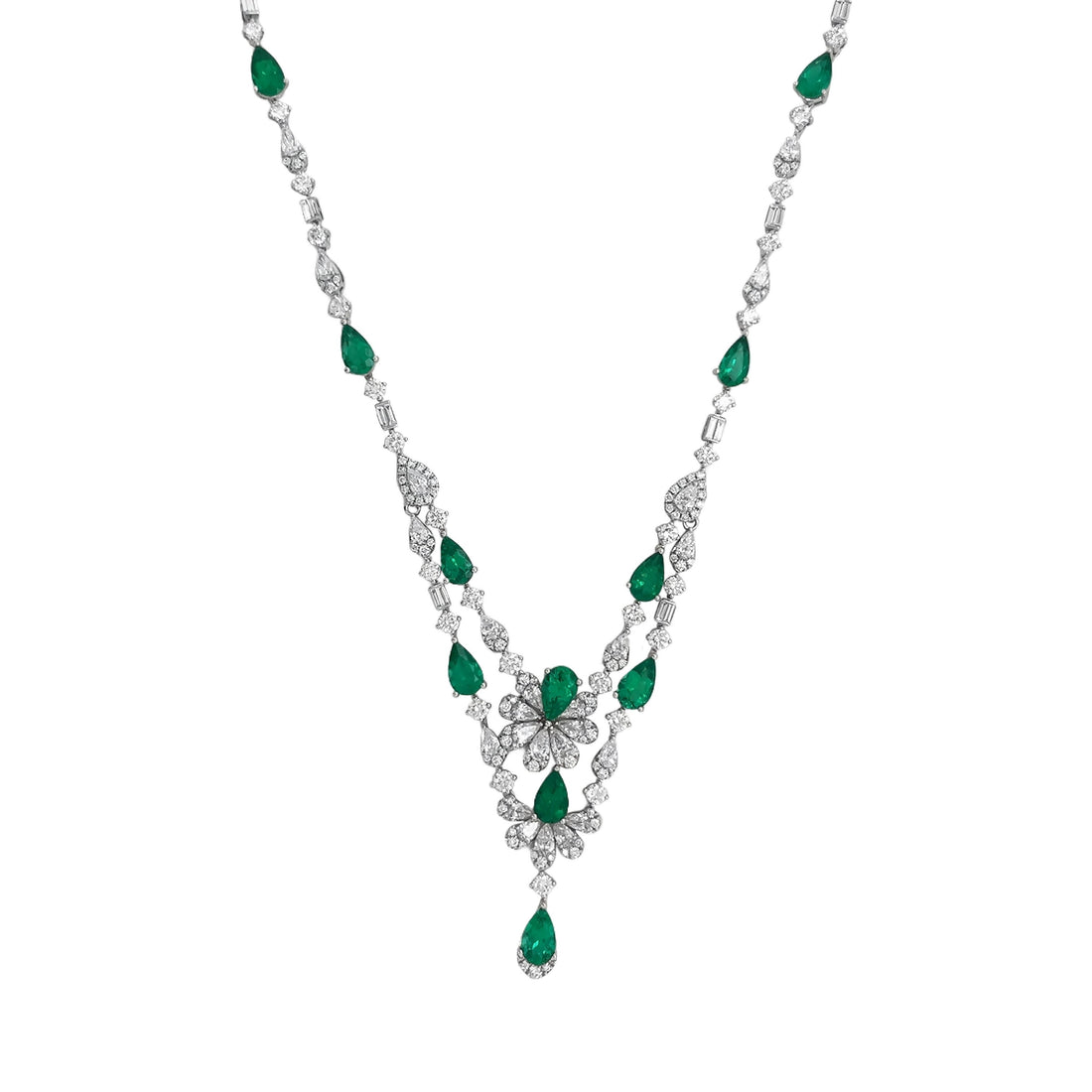 18kt White Gold Diamond and Green Emerald Dangling Necklace