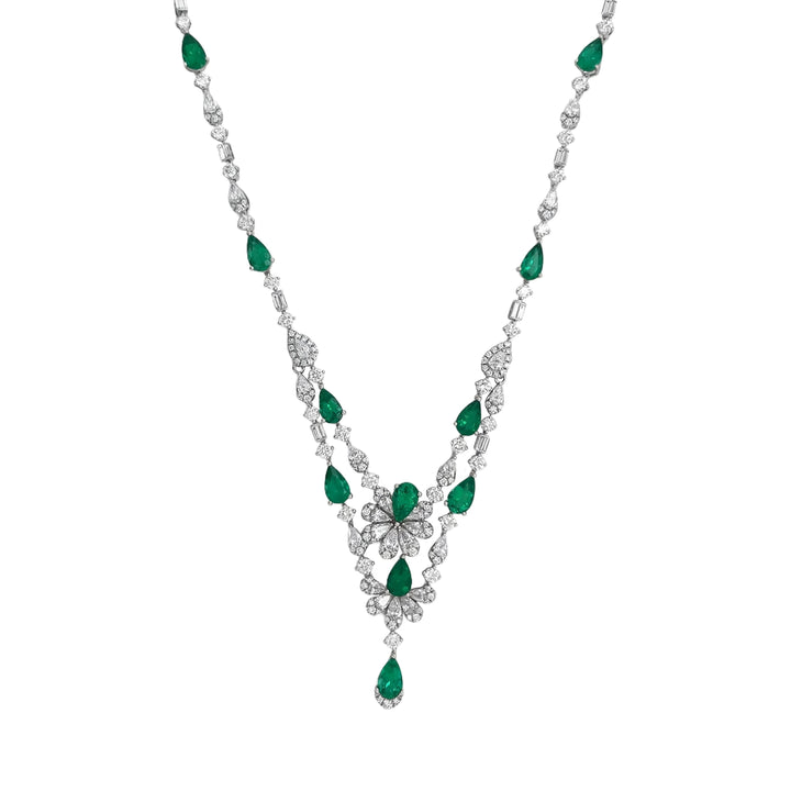 18kt White Gold Diamond and Green Emerald Dangling Necklace