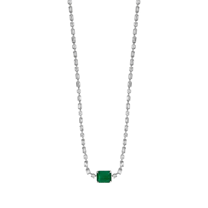 18kt White Gold Diamond and Green Emerald Tennis Necklace