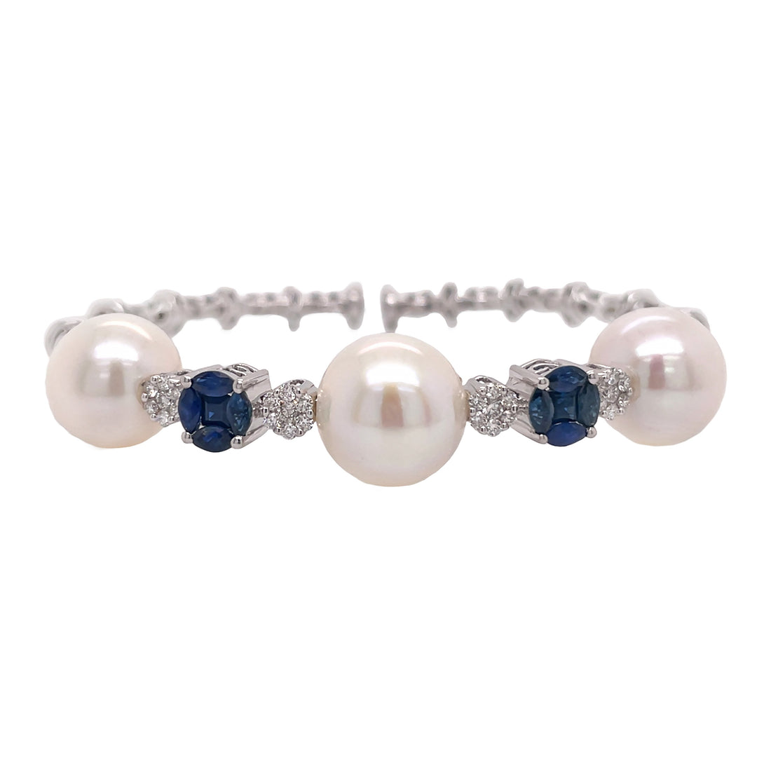 18Kt White Gold Diamond Sapphire and South Sea Pearl Bangle