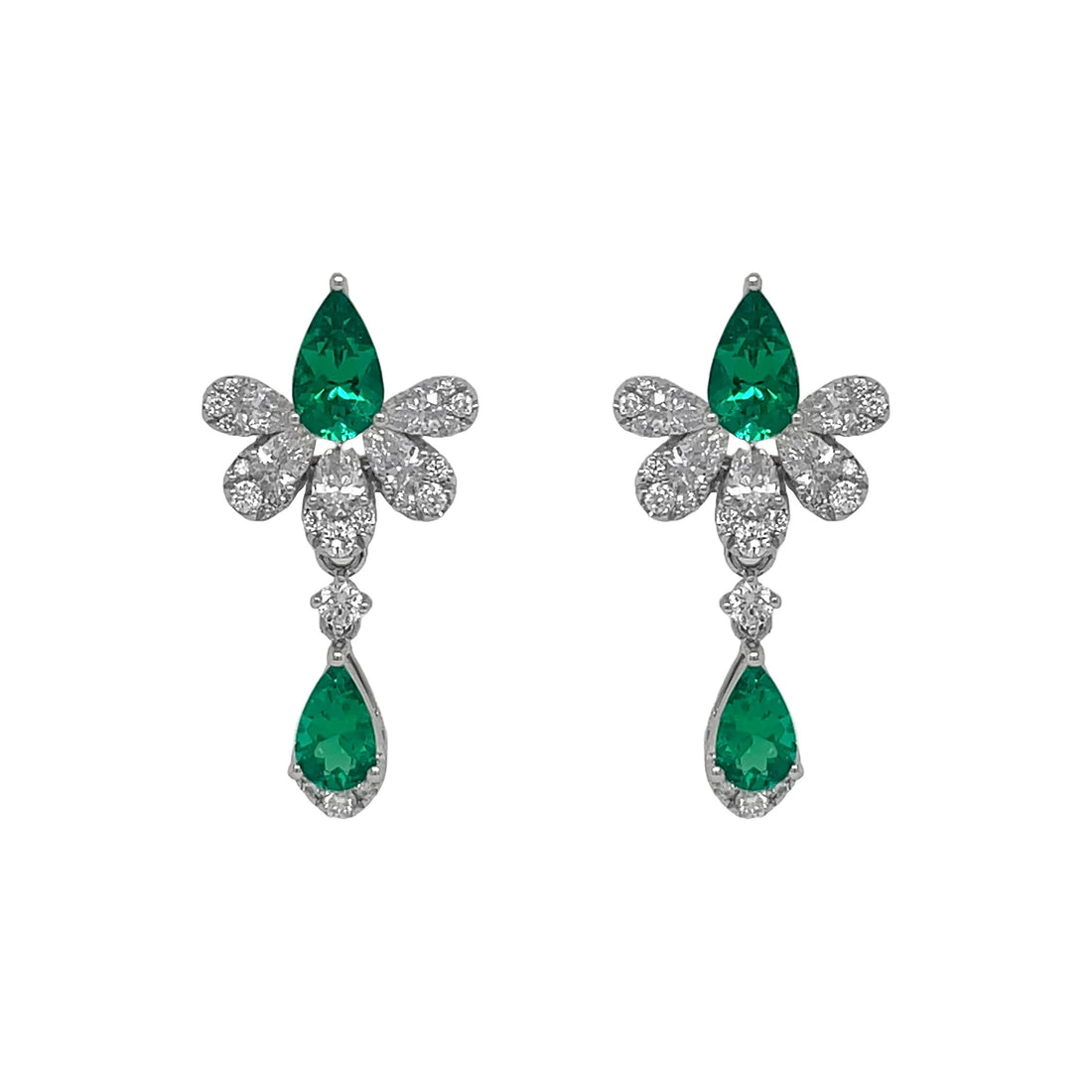 18kt White Gold Diamond and Green Emrald Dangling Earrings