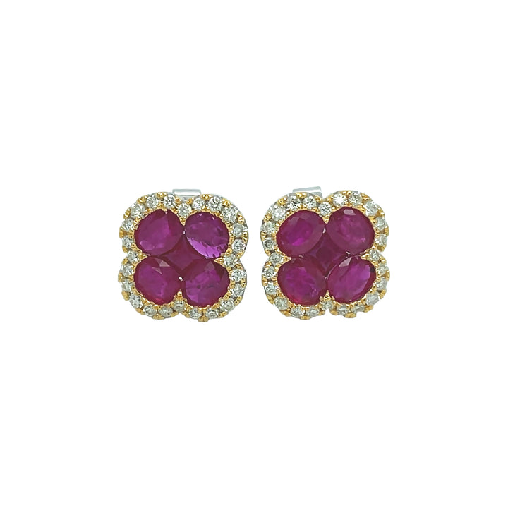 18kt Yellow and White Gold Diamond and Ruby Flower Earrings