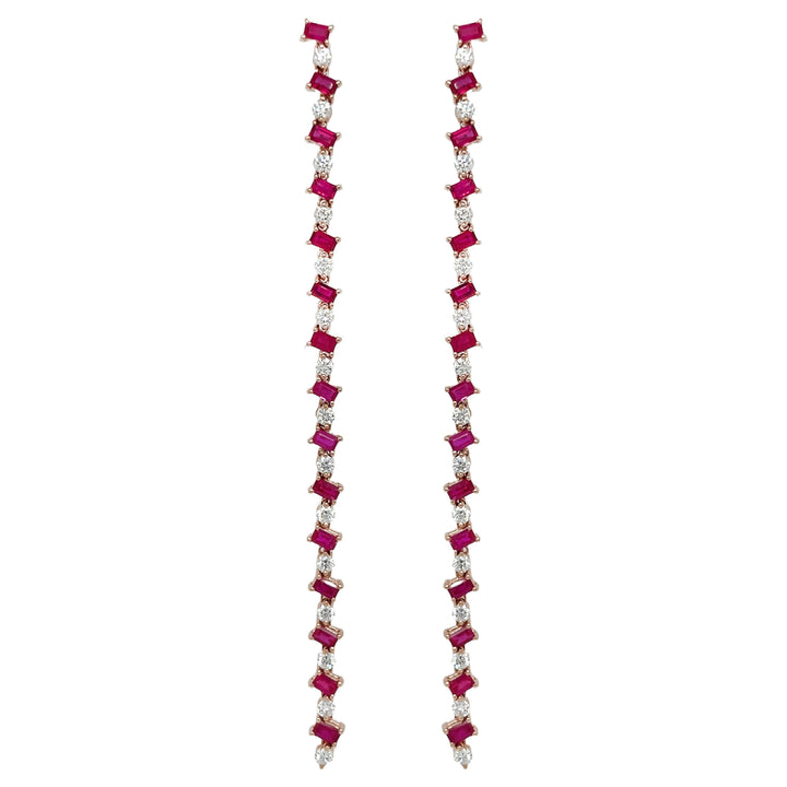 18kt Rose Gold Diamond and Ruby Long Dangling Earrings