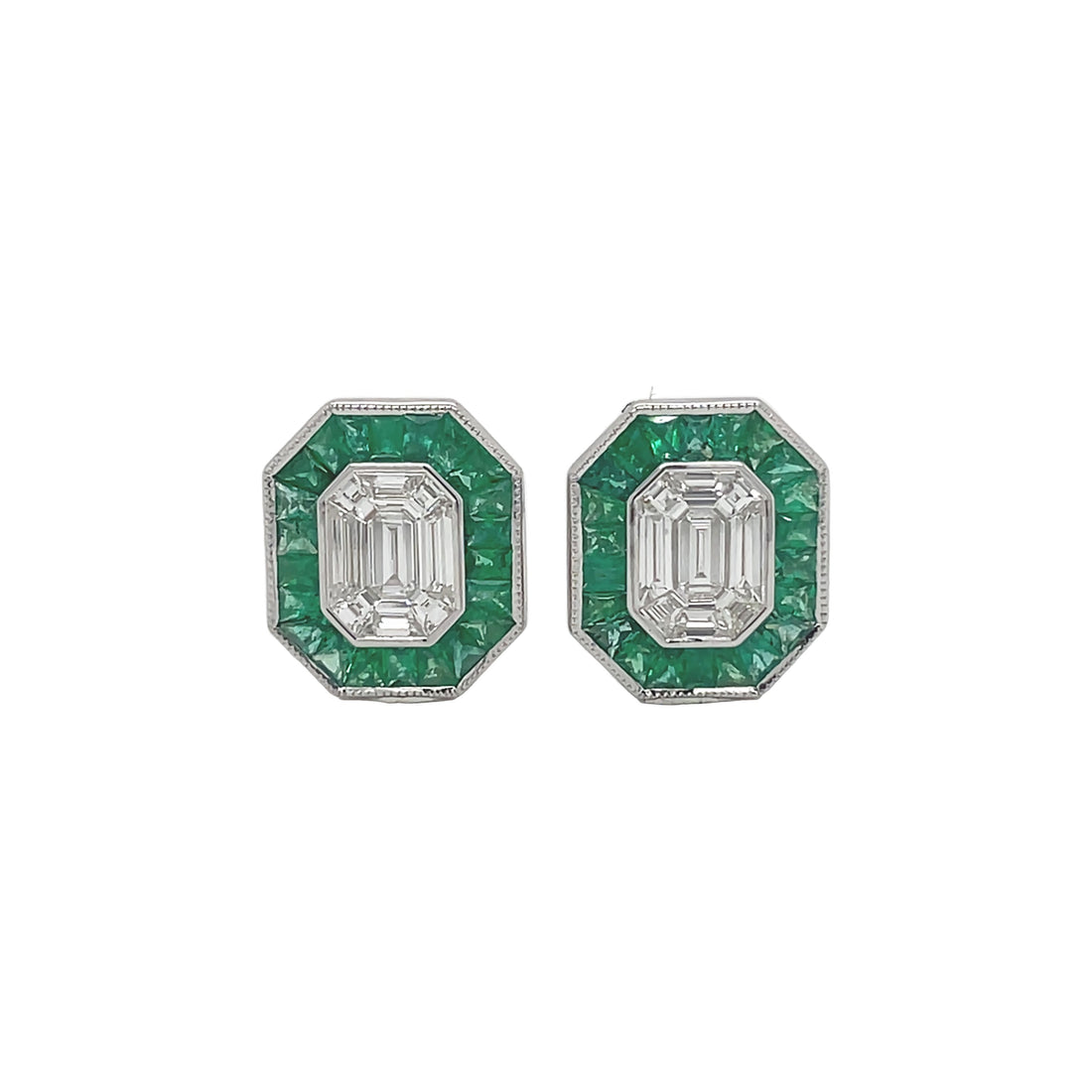 18kt White Gold Diamond and Green Emerald Earrings