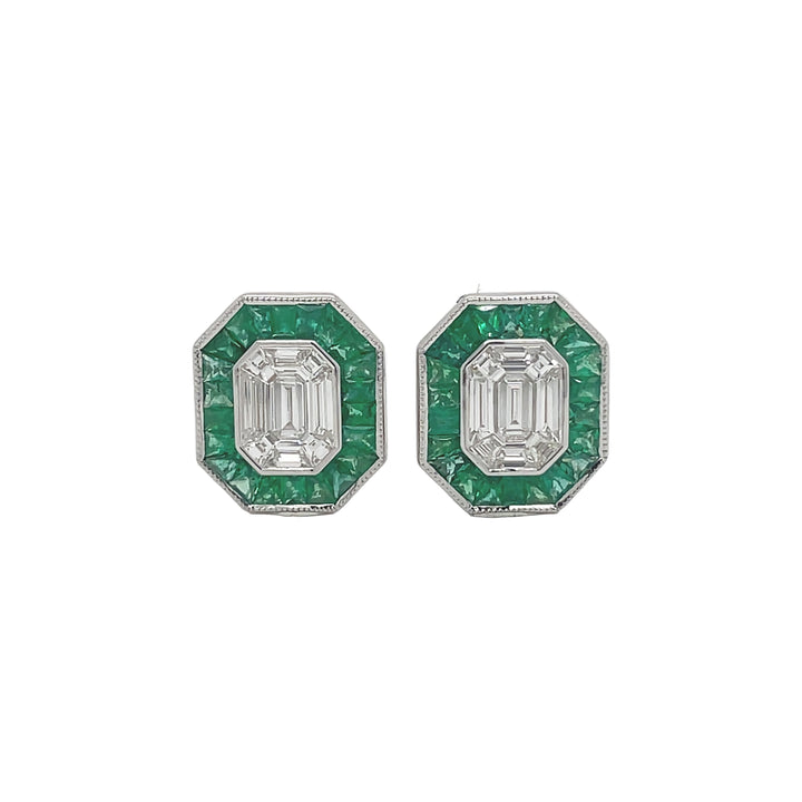 18kt White Gold Diamond and Green Emerald Earrings
