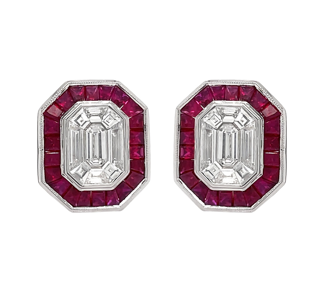 18kt White Gold Diamond And Ruby Earrings.
