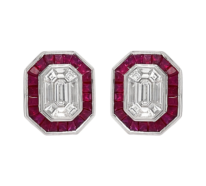 18kt White Gold Diamond And Ruby Earrings.