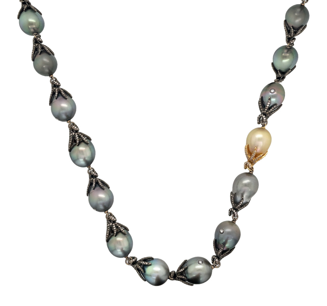 18kt Black and Yellow Gold Diamond and Pearl Necklace
