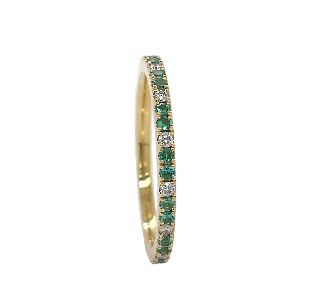 18kt Yellow Gold Diamond and Green Emerald Eternity Band