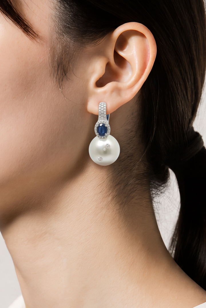 14kt White Gold Diamond, Blue Sapphire And Pearl Earrings