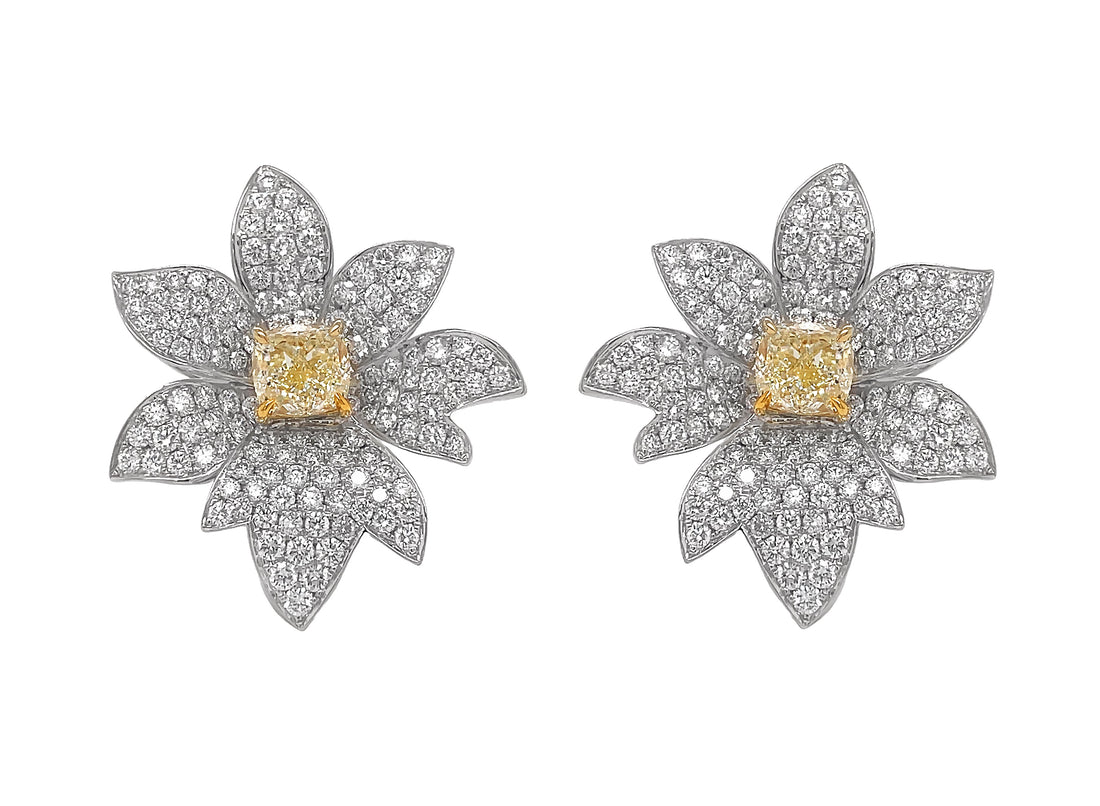 18kt White Gold Diamond And Yellow Diamond Flower Earrings