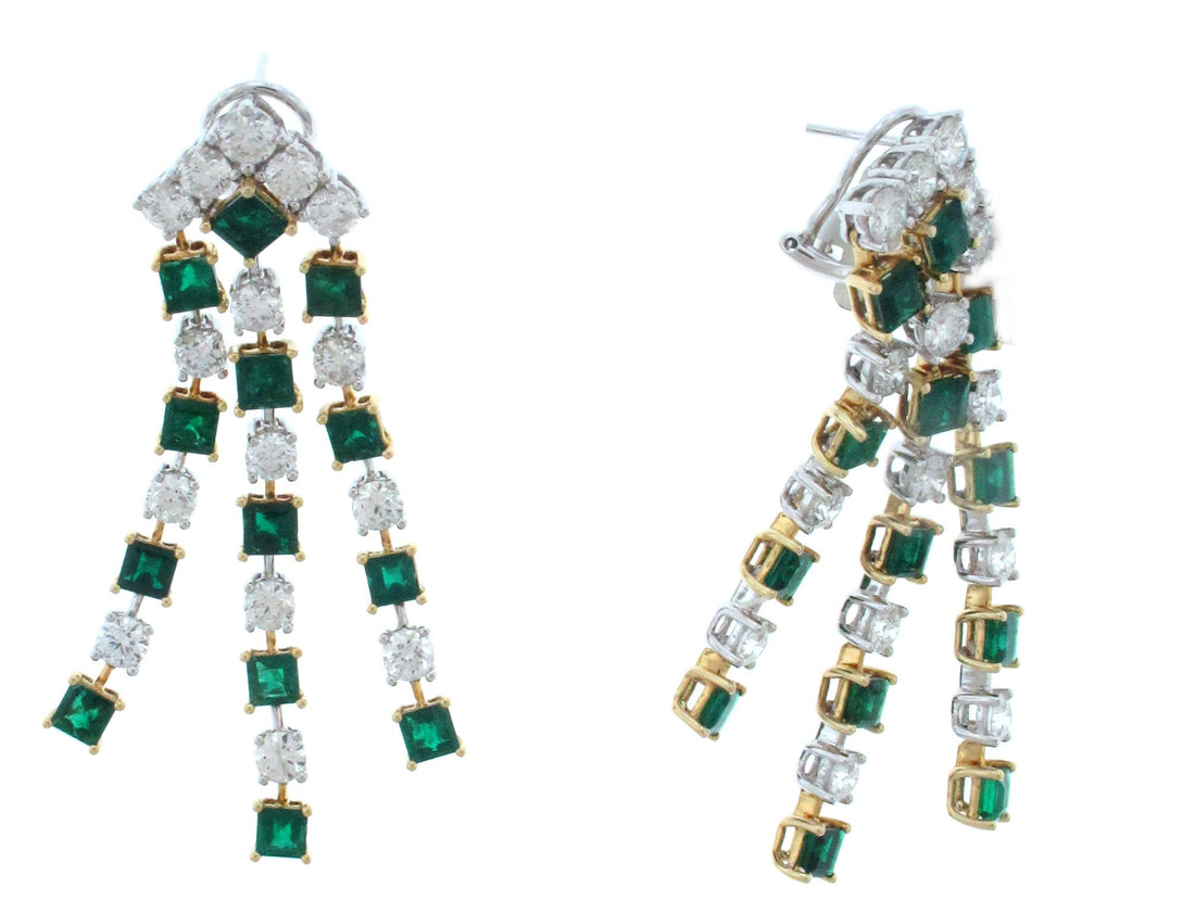 18kt White And Yellow Gold Diamond And Green Emerald Dangling Earrings