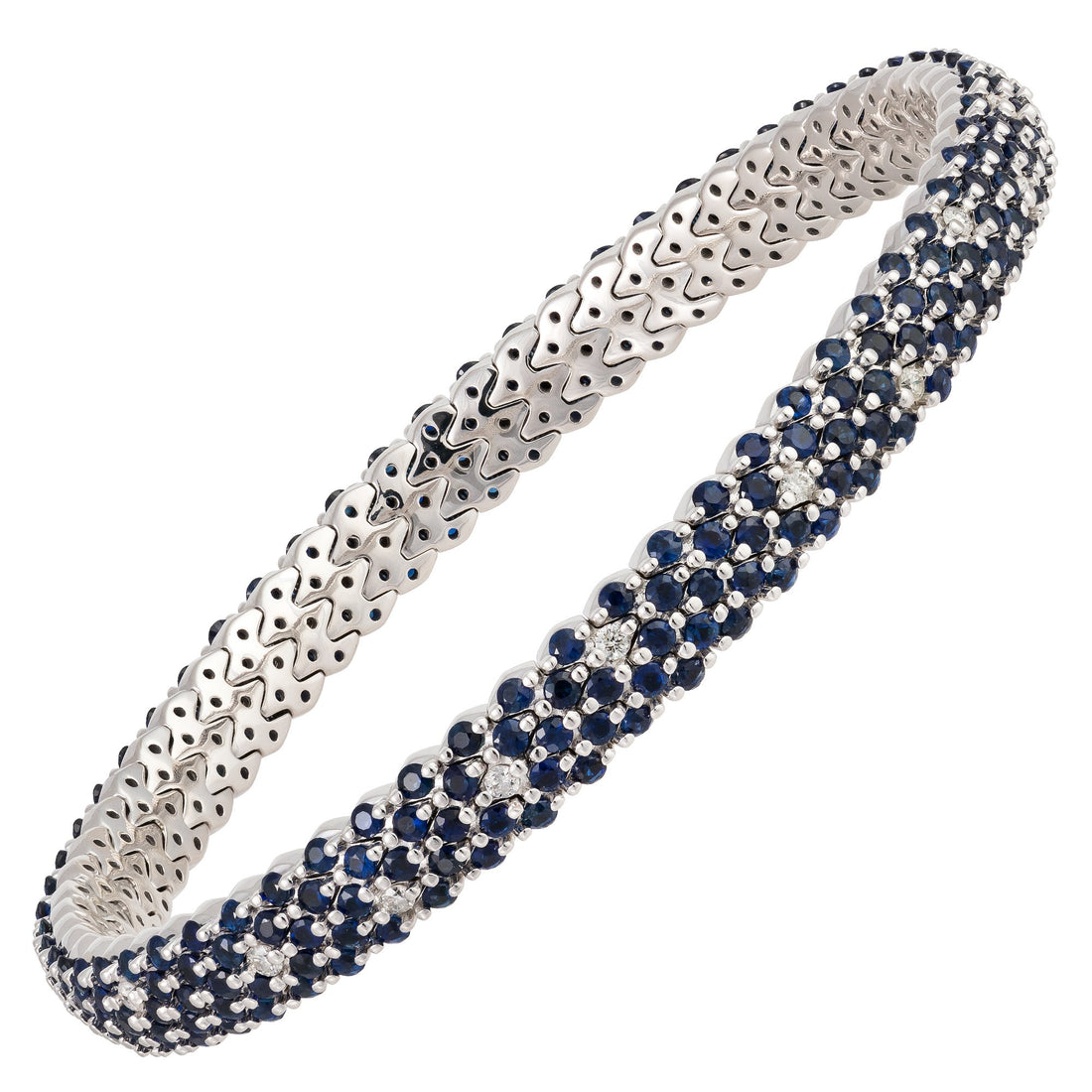 18kt White Gold Diamond and Blue Sapphire Stretchy Bangle