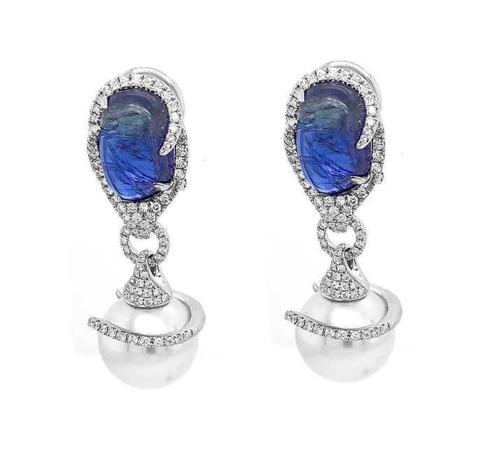 18kt White Gold Diamond, Tanzanite And Pearl Dangling Earrings