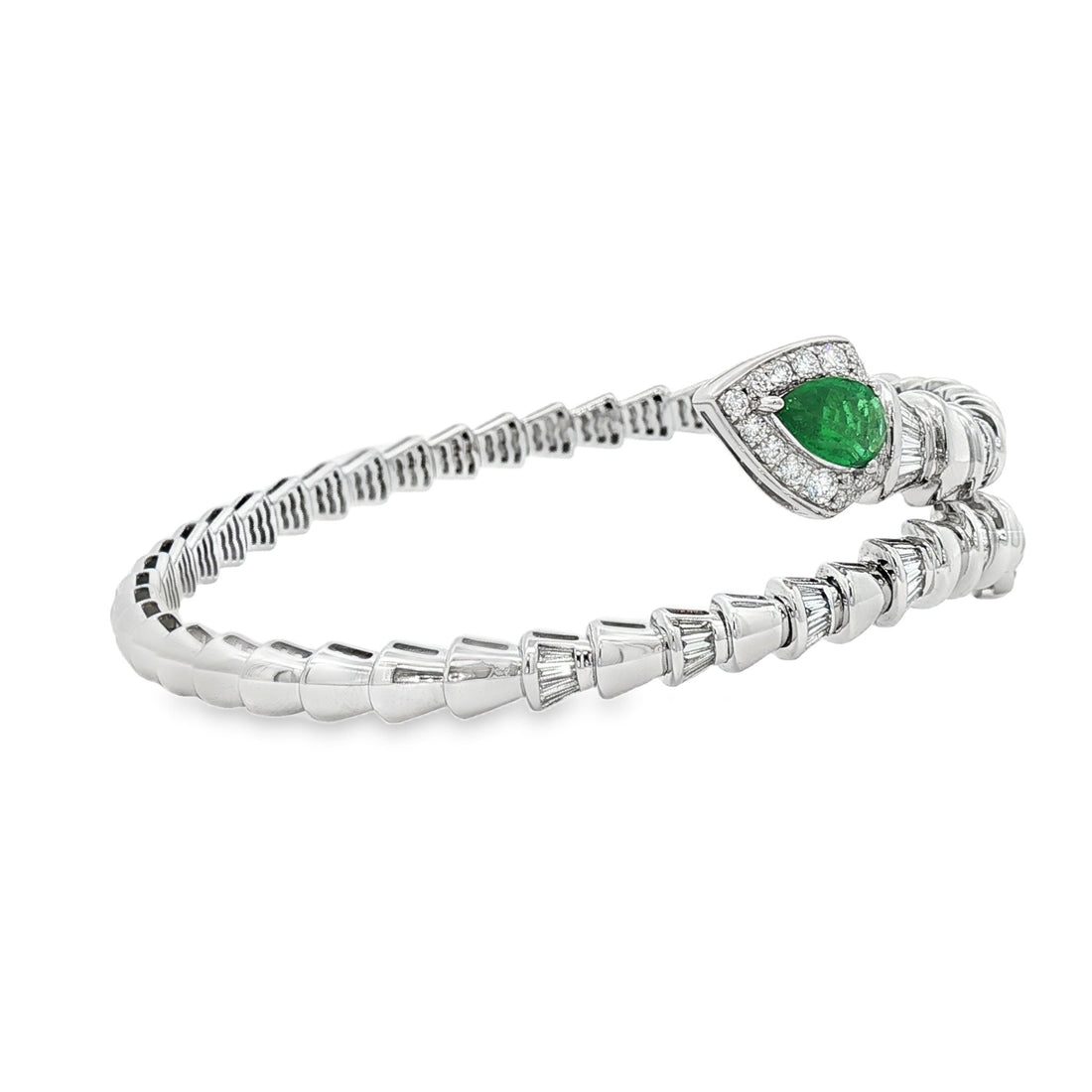 Platinum Diamond And Green Emerald Bangle