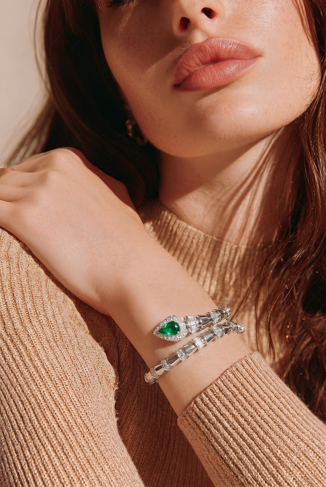 Platinum Diamond And Green Emerald Bangle
