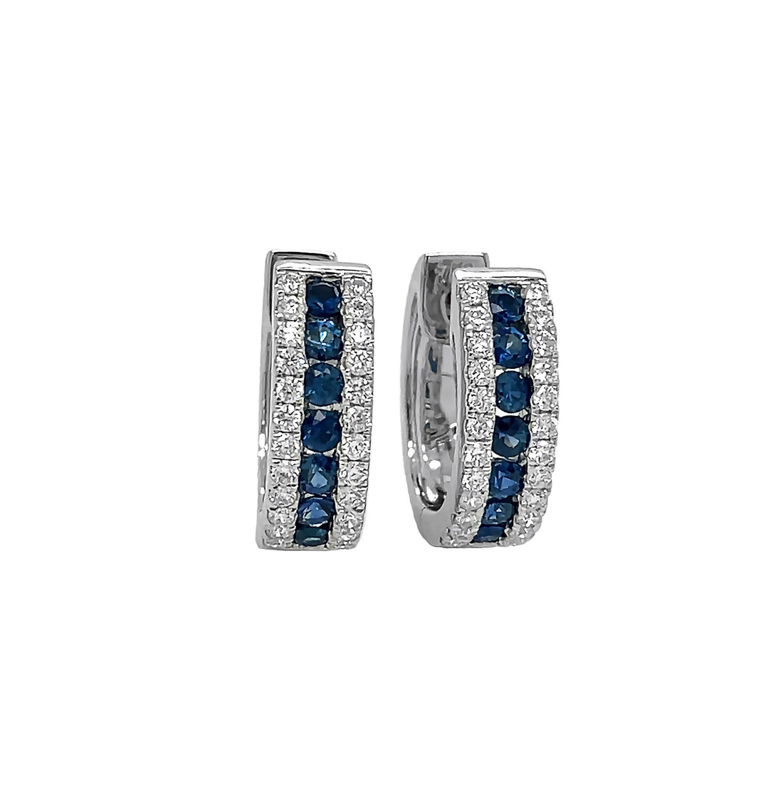 18kt White Gold Diamond and Blue Sapphire Huggie Earrings