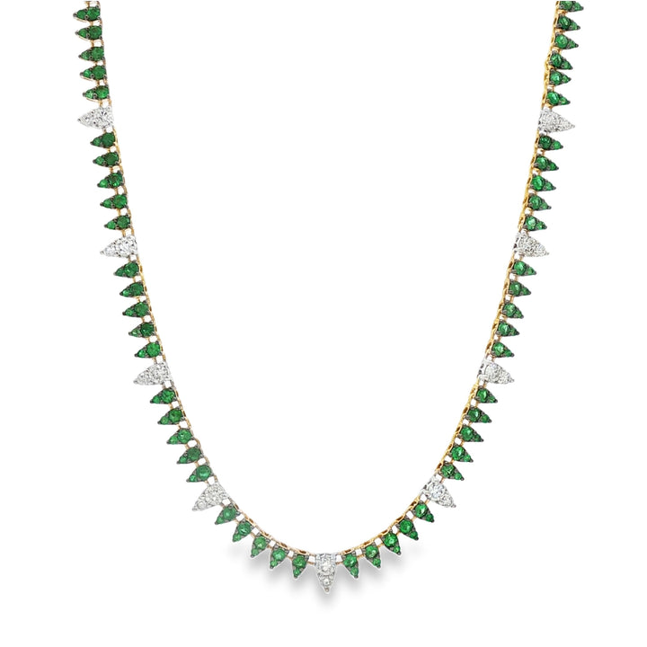 18kt Yellow Gold Diamond And Green Emerald Tennis Necklace